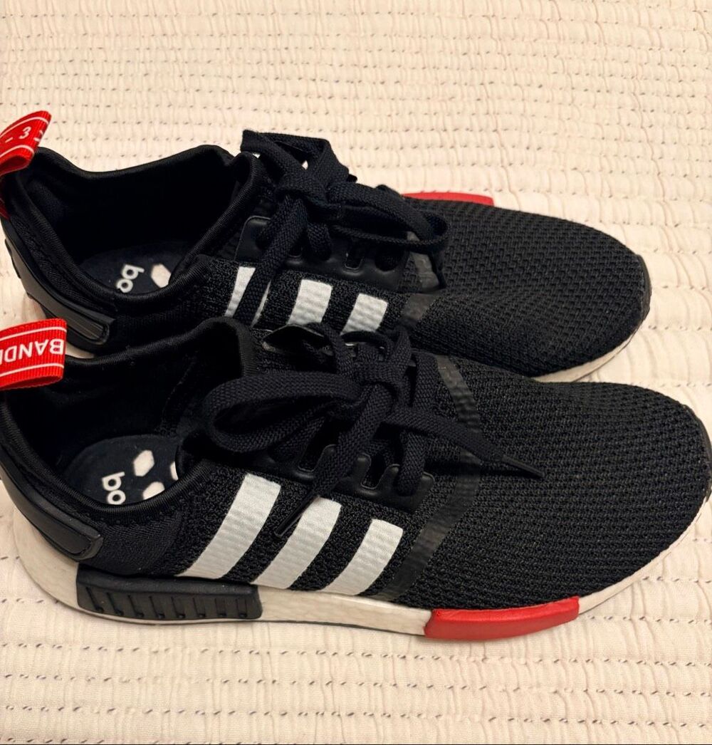 Adidas NMD_R1 Boost Sneakers Women’s 8.5 Black White Red Knit Athletic Shoes